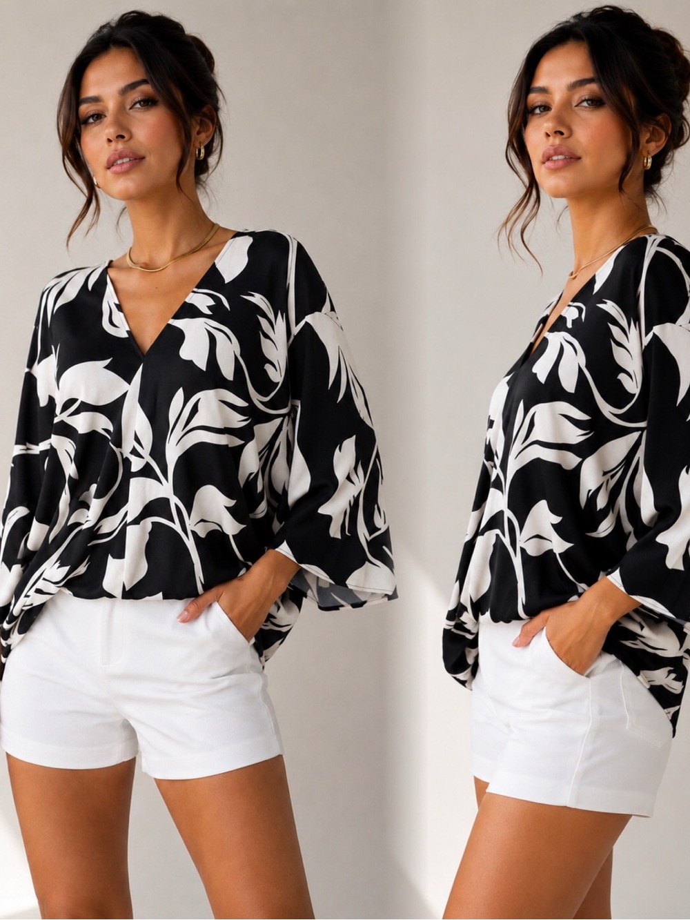 Nine West Black & White Floral V-Neck Dolman Blouse